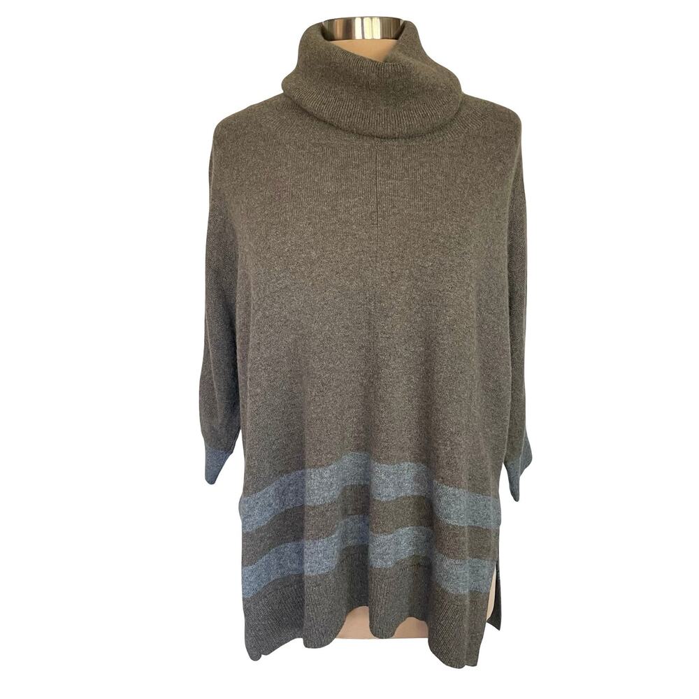 Neiman Marcus Gray Blue Stripe Turtleneck Sz M Tunic Dolman Sleeves Quiet Luxury